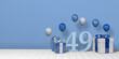 Light blue number 49 among blue and white gift boxes adorned with balloons on white wood floor with pastel blue wall background. 3D Illustration