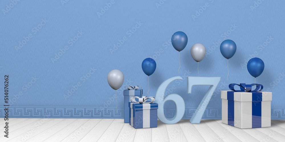 Light blue number 67 among blue and white gift boxes adorned with ...