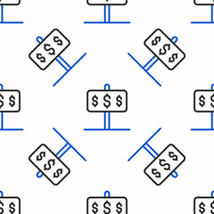 Wall Mural - Line House with dollar symbol icon isolated seamless pattern on white background. Home and money. Real estate concept. Colorful outline concept. Vector