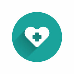 Wall Mural - White Heart with a cross icon isolated with long shadow. First aid. Healthcare, medical and pharmacy sign. Green circle button. Vector Illustration