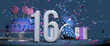 Solid white number 16 in the foreground, birthday cake decorated with candies, gifts and party hat with confetti ejecting bugles, against dark blue background. 3D Illustration