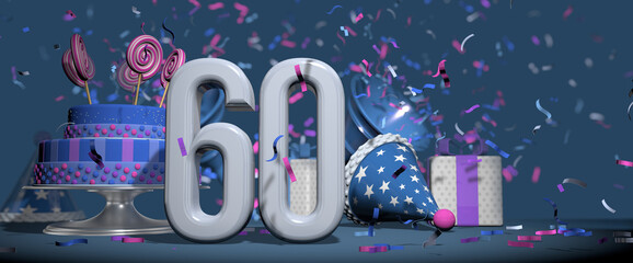 Wall Mural - Solid white number 60 in the foreground, birthday cake decorated with candies, gifts and party hat with confetti ejecting bugles, against dark blue background. 3D Illustration