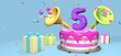 Pink birthday cake with thick purple number 5 surrounded by gift boxes with horns ejecting confetti on pastel blue background. 3D Illustration
