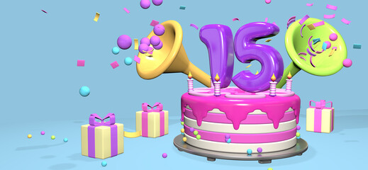 Wall Mural - Pink birthday cake with thick purple number 15 surrounded by gift boxes with horns ejecting confetti on pastel blue background. 3D Illustration