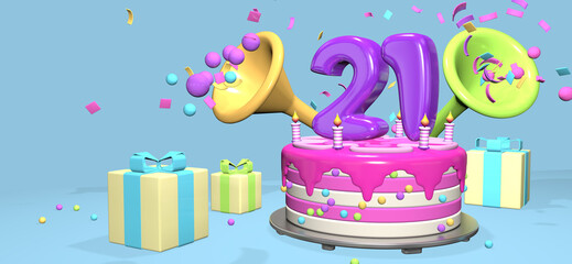 Wall Mural - Pink birthday cake with thick purple number 21 surrounded by gift boxes with horns ejecting confetti on pastel blue background. 3D Illustration