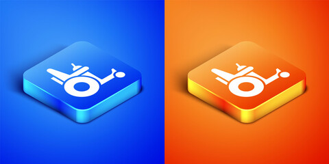 Sticker - Isometric Electric wheelchair for disabled people icon isolated on blue and orange background. Mobility scooter icon. Square button. Vector