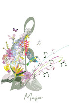 Abstract Nature Treble Clef Decorated With Summer And Spring Flowers, Notes, Birds. Light And Relax Music. Hand Drawn Vector Illustration.