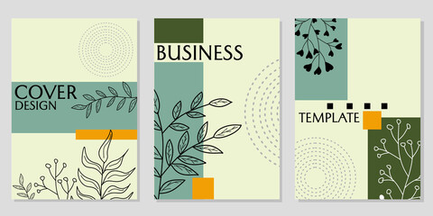 Wall Mural - book cover template set. geometric background with hand drawn leaf elements. for catalogs, brochures, presentations