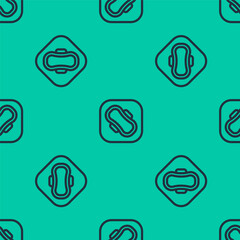 Poster - Blue line Menstruation and sanitary napkin icon isolated seamless pattern on green background. Feminine hygiene product. Vector