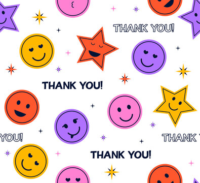 Thank you seamless pattern. Repeating image for printing on gift wrapping. Emoji in retro style, good mood and emotions, colorful stickers for social networks. Cartoon flat vector illustration