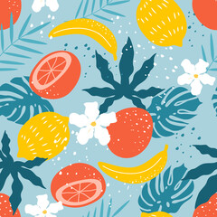 Wall Mural - vector seamless summer pattern with tropical leaves, watermelons, oranges