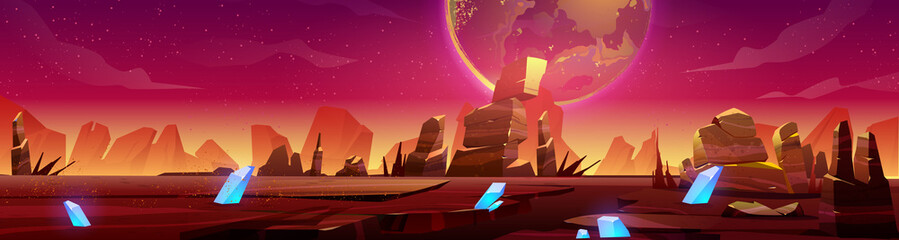 Wall Mural - mars landscape, alien planet sunset background, red desert surface with mountains, blue cristals and