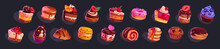 Game Icons Cakes, Sweets And Desserts. Cartoon 2d Ui Graphic Elements, Pastry, Cupcakes, Macaroons, Ratafia And Pancakes With Topping, Chocloate, Berries, Fruits And Sprinkles Isolated Vector Set