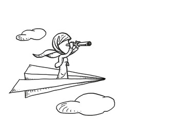 Wall Mural - Asian muslim business woman on paper plane using telescope. Concept of vision, mission, objective and goal. Cartoon vector illustration design