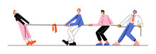 Gender Rivalry, Men Team Tug Of War With Single Woman. Male And Female Business Characters Wrestling. Office Fight For Leadership, Sexism, Misandry, Feminism And Patriarchy Linear Flat Vector Concept