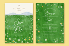 Set Of Wedding Invitation With Hand Drawn Watercolor Spring Daisy Flower Fields Background Landscape