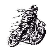 Racer With Motorcycle Objects In Retro Hand Drawing Style