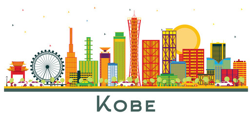 Sticker - Kobe Japan City Skyline with Color Buildings Isolated on White.