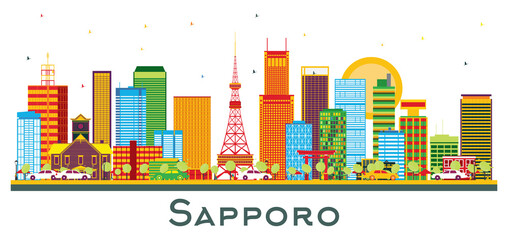 Wall Mural - Sapporo Japan City Skyline with Color Buildings Isolated on White.