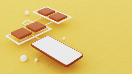3D Render Of Smartphone Connected With User Interface Thumbnails On Yellow Background.