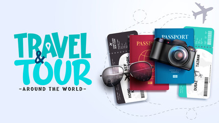 Wall Mural - travel worldwide vector background design. travel and tour text with camera, tickets and sunglasses 