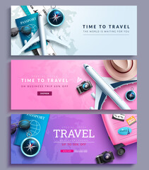 Wall Mural - travel promo vector banner set design. time to travel text promotion with special discount offer col
