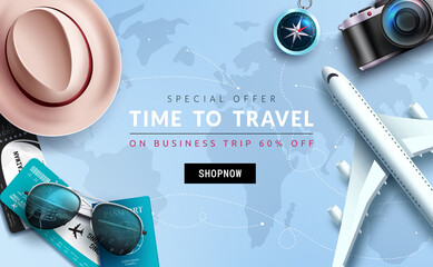 Wall Mural - travel sale vector banner design. time to travel text with special offer price discount with airplan