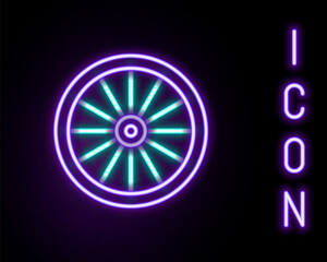 Sticker - Glowing neon line Car wheel icon isolated on black background. Colorful outline concept. Vector