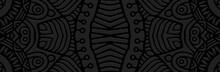 Banner, Cover Art Design. Embossed Ethnic 3d Doodling Pattern On A Black Background In Vintage Style. Tribal Ornaments Of East, Asia, India, Mexico, Aztecs, Peru For Brochure, Booklet, Flyer, Website.