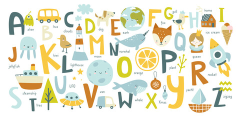 Cute english alphabet for kids with doodle pictures. Abc learning cartoon poster for nursery wall.