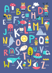 Wall Mural - English alphabet for kids with doodle pictures. Cartoon abc poster for nursery with cute abstract art.