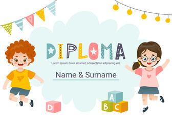 Wall Mural - diploma template with cartoon happy kids. certificate vector design for children competition.