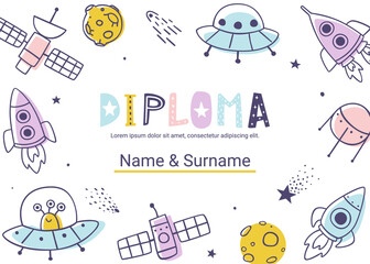 Wall Mural - diploma template with space doodles. cosmic vector certificate design for children competition.