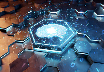Aufkleber - Brain icon concept engraved on metal hexagonal pedestral background. Artificial intelligence symbol glowing on abstract digital surface. 3d rendering
