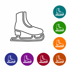 Sticker - Black line Skates icon isolated on white background. Ice skate shoes icon. Sport boots with blades. Set icons in color circle buttons. Vector