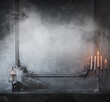canvas print picture - Mystical Halloween still-life background. Skull, candlestick with candles, old fireplace. Horror and witchery.