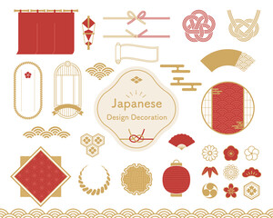 日本のデザイン装飾素材のベクターイラストセット(和柄,asia,japanese,asian,graphic,material,frame,set,collection,tie,simple,vector)