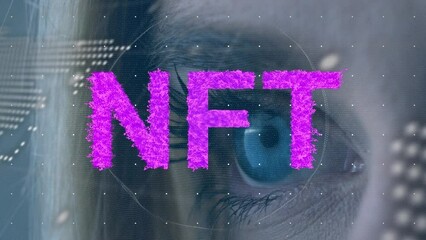 Wall Mural - Animation of data processing and nft text over eye