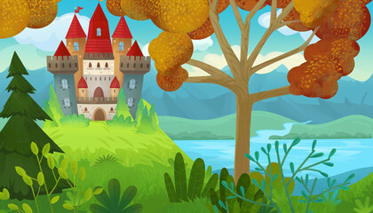 Wall Mural - Cartoon scene beautiful castle near forest illustration