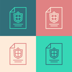 Sticker - Pop art line Contract with shield icon isolated on color background. Insurance concept. Security, safety, protection, protect concept. Vector.