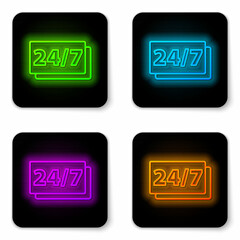 Sticker - Glowing neon line Clock 24 hours icon isolated on white background. All day cyclic icon. 24 hours service symbol. Black square button. Vector