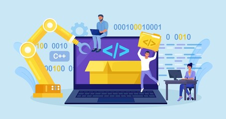 Developers creating software script at computer with open robotic soft. Open automation architecture, open source, free development. Programmers programming website for internet platform