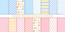 Baby Shower Seamless Patterns For Baby Girl And Boy. Vector Illustration.