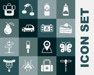 Wall Mural - Set Wine corkscrew, Butterfly, Piece of cake, Bottle water, Car, Pear, Hiking backpack and Portable video game console icon. Vector