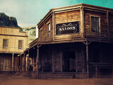 Fototapeta Most - Wild West street with wooden houses, a saloon, and the desert in the background. 3D render.