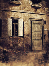 Dark Scene With A Ruined Building With A Door And Window. 3D Render.