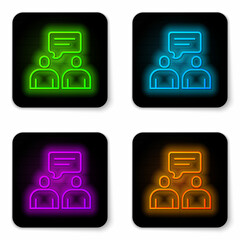 Sticker - Glowing neon line Two sitting men talking icon isolated on white background. Speech bubble chat. Message icon. Communication or comment chat symbol. Black square button. Vector