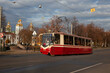 A Saint Peterburg tram with St. Nicholas Naval Cathedral in the background