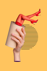 Poster - Vertical composite collage illustration of big arm hold drink paper cup fit slim girl legs stick isolated on creative background