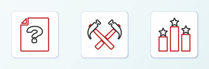 Canvas Print - Set line Ranking star, Unknown document and Two crossed hammers icon. Vector